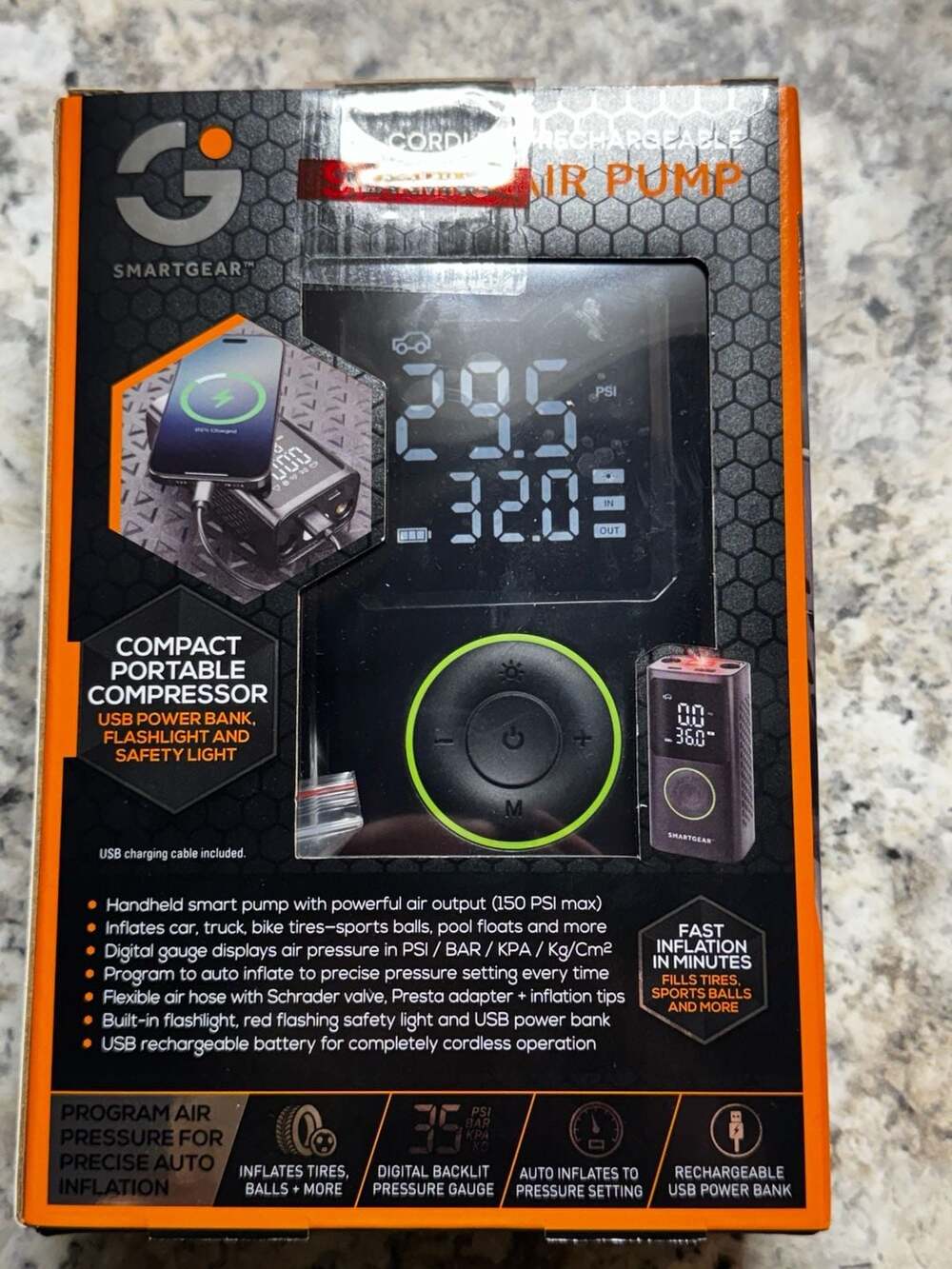 Cordless Rechargeable Portable Air Compressor/ power bank to charge electronics